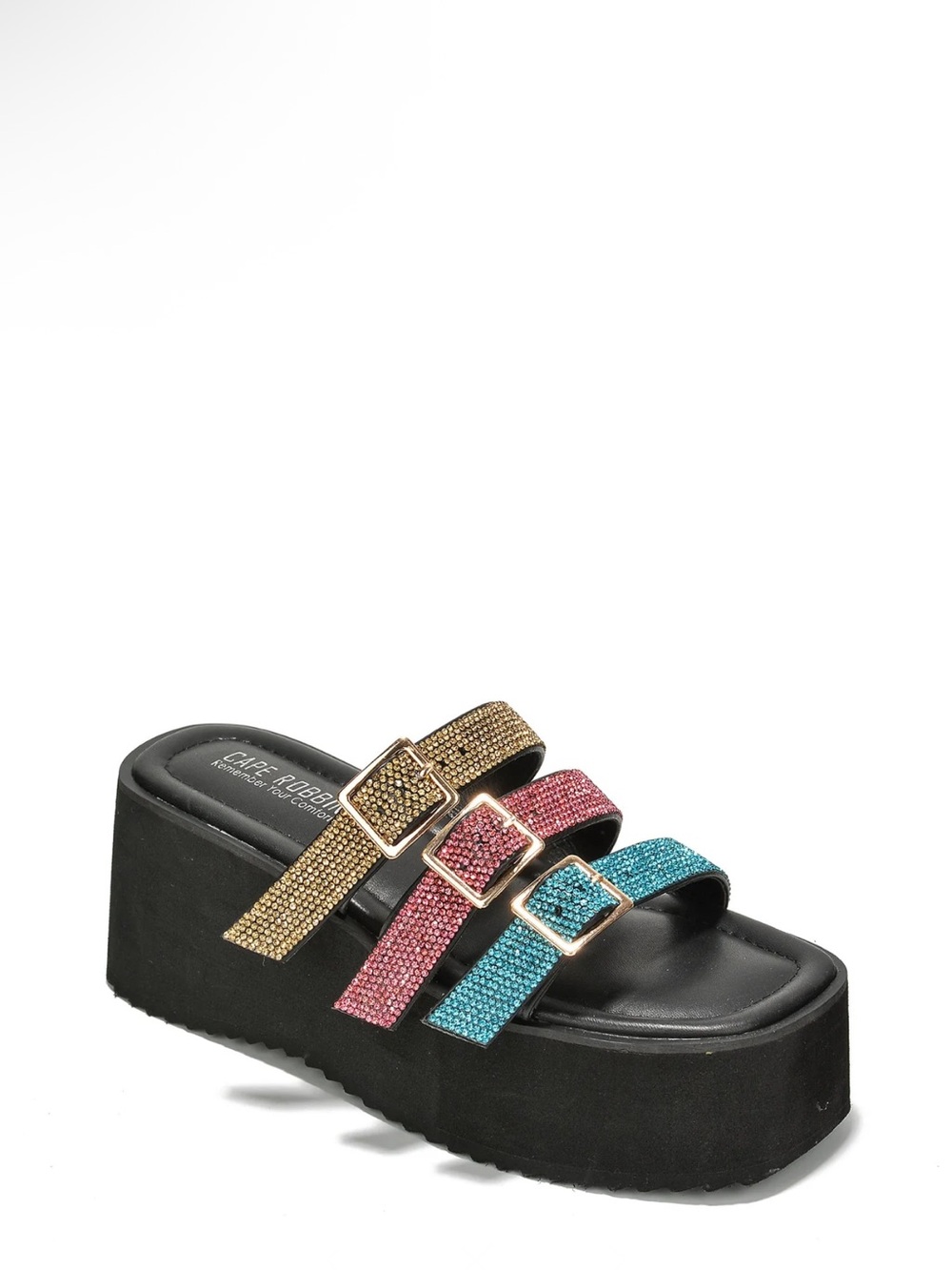 •CAPE ROBBIN• “Paye” Buckle Platform Rhinestone Slide Sandals-Multi // NIB - Picture 2 of 15